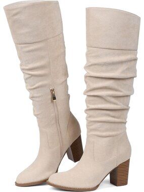 Women's Beige Suede Slouch Knee High Boots Chunky Heel Tall Boots Round Toe